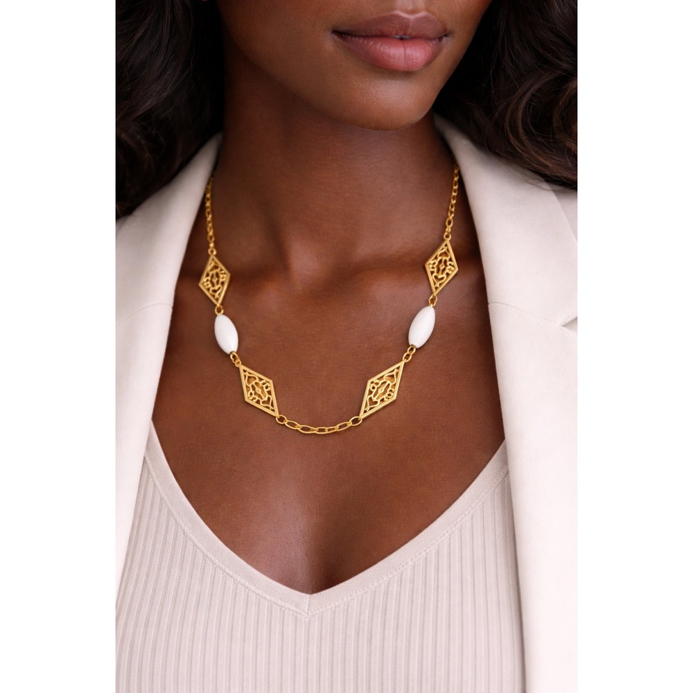 Gold Tone Filigree Link Necklace White Stone‎ Accents Minimal Elegant Style